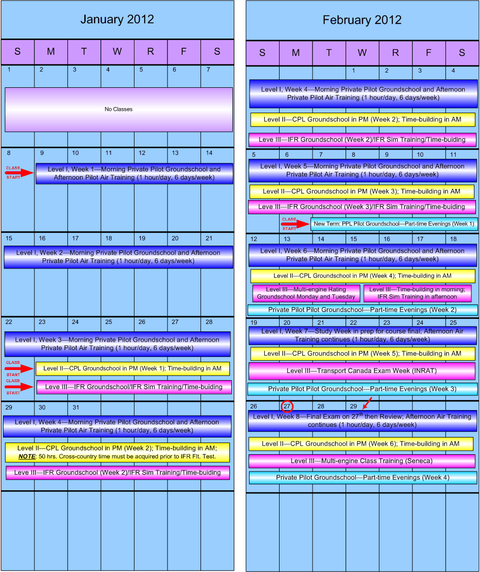 Langley Flying School Training Calender for January and August, 2012